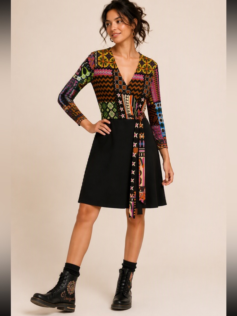 Desigual Boho Patchwork V-Neck surplice neck Dress